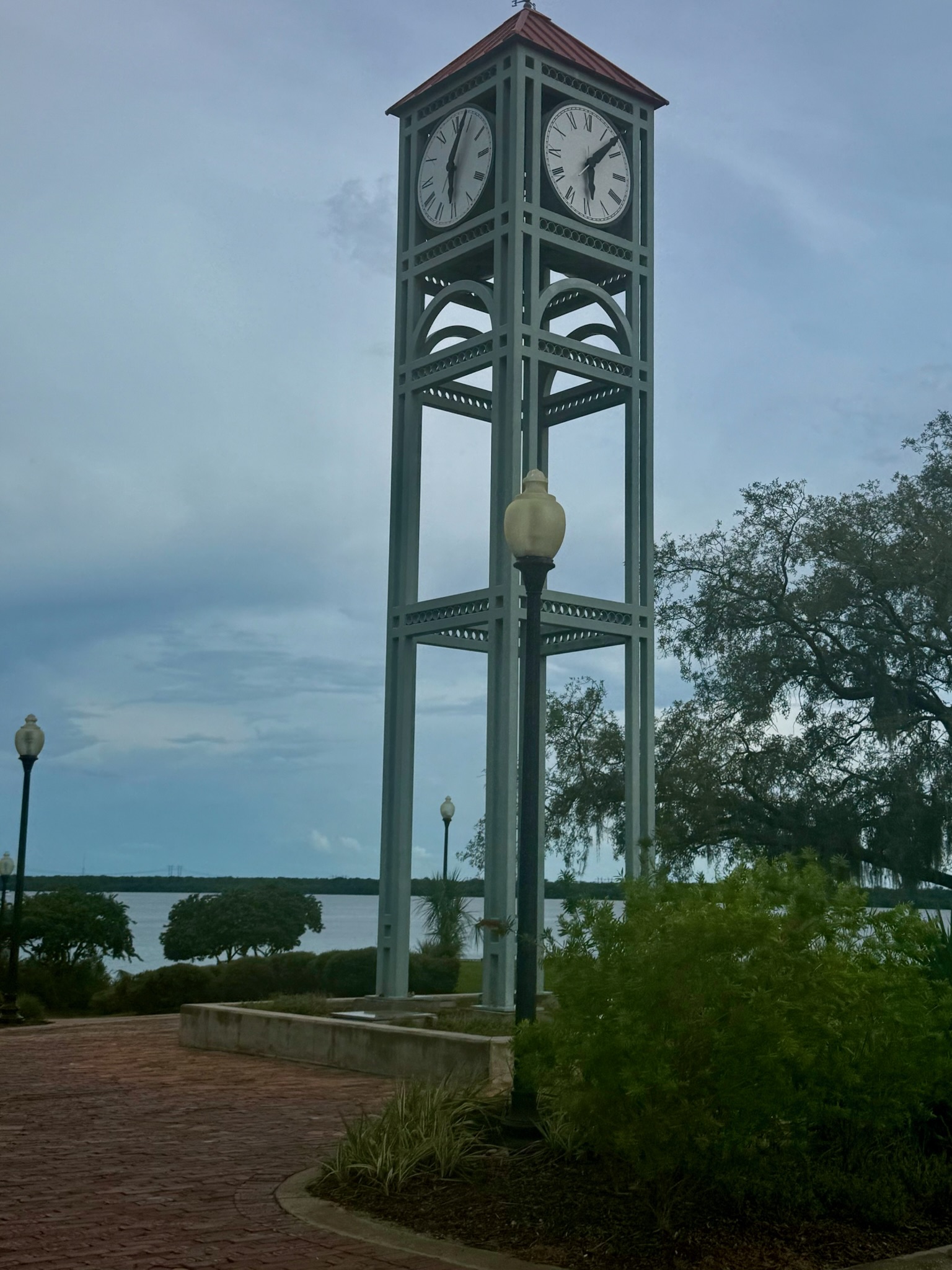 Clock tower on the Palatka riverfront beside the St. Johns River