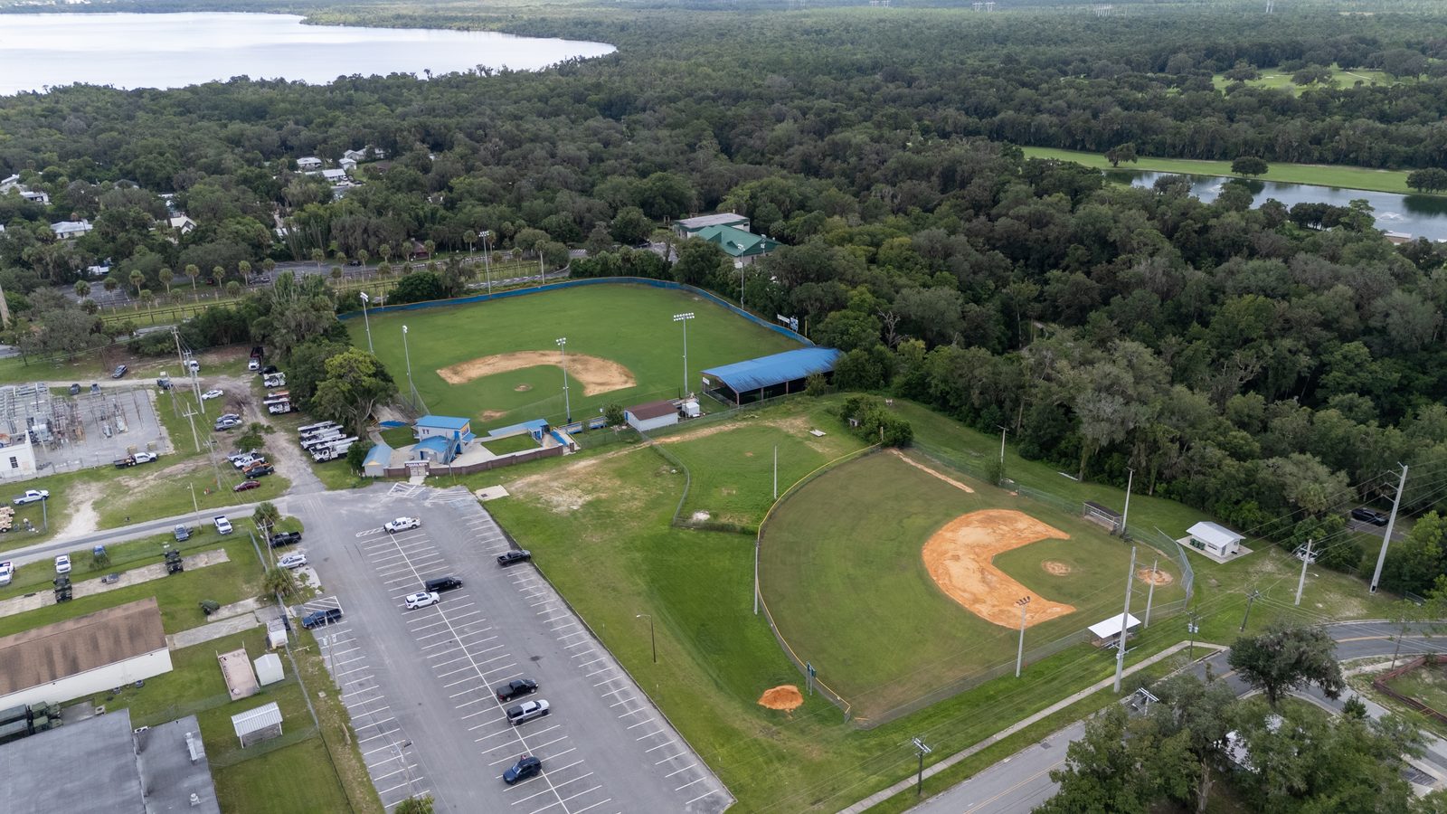 Aerial view of ball fields, parking, and a lake in Putnam County, Florida